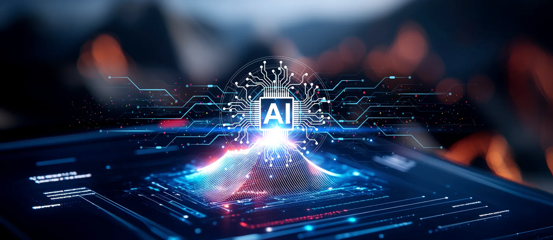 Glowing AI processor chip with circuit board network patterns; representing artificial intelligence in security operations.