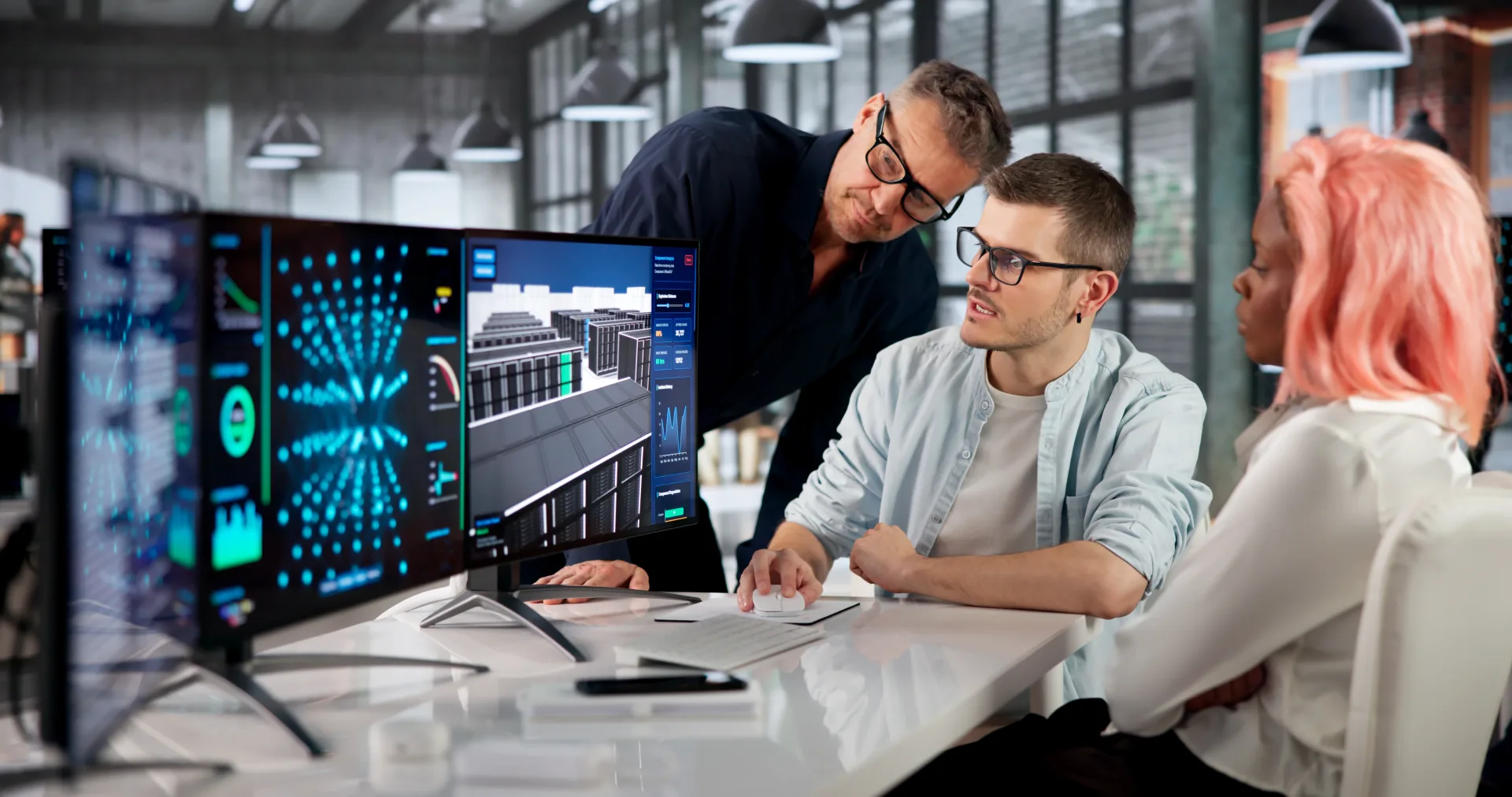 Three security professionals review 3D data center infrastructure and analytics dashboards on dual monitors in a modern of