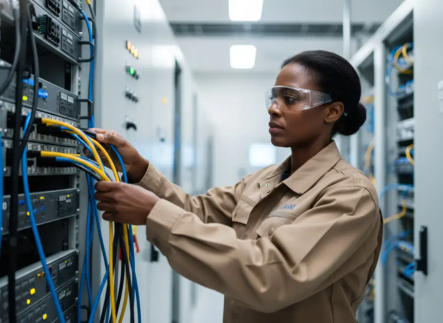 Female engineer in safety glasses and work uniform managing network cables in a secure server room facility.