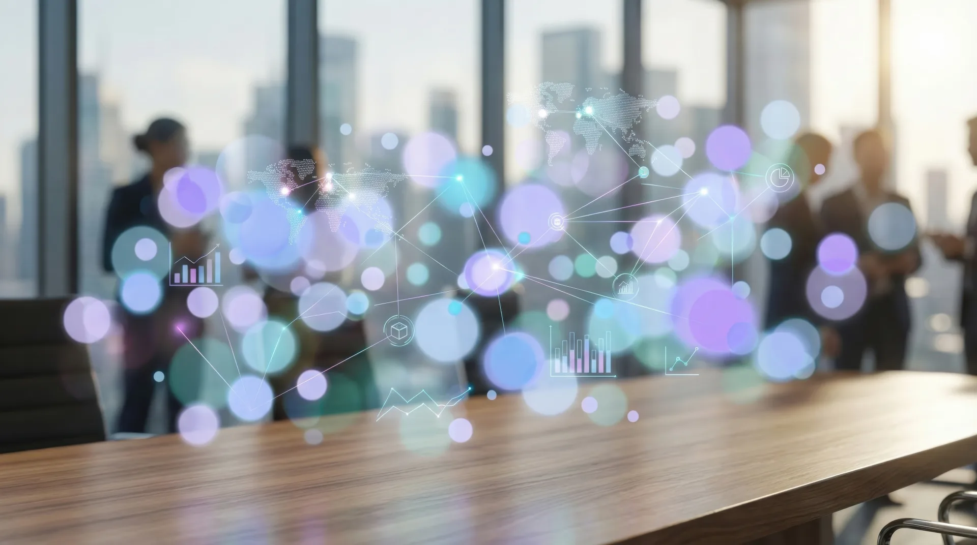 Blurred conference room with professionals and holographic data network overlays depicting global security analytics.
