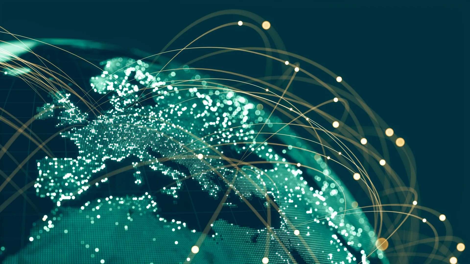 Digital globe showing Europe with glowing network connection arcs representing global data and security communications inf
