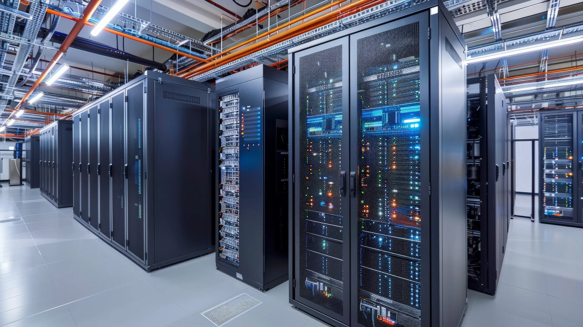 Rows of active server racks with multicolored indicator lights in a secure; climate-controlled data center facility.