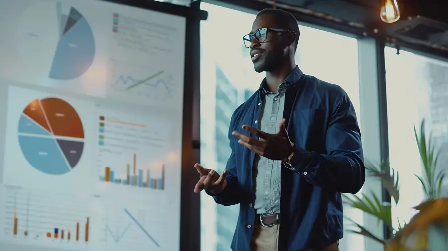 Professional presenting security data charts and graphs on a display board in a modern office setting.