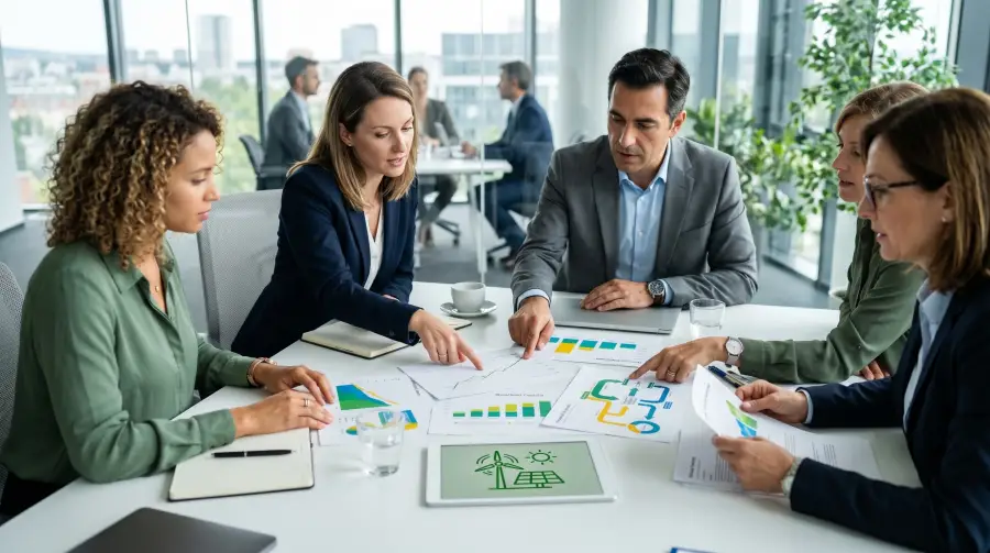 Four professionals reviewing security and energy charts at a conference table in a modern office with city views.