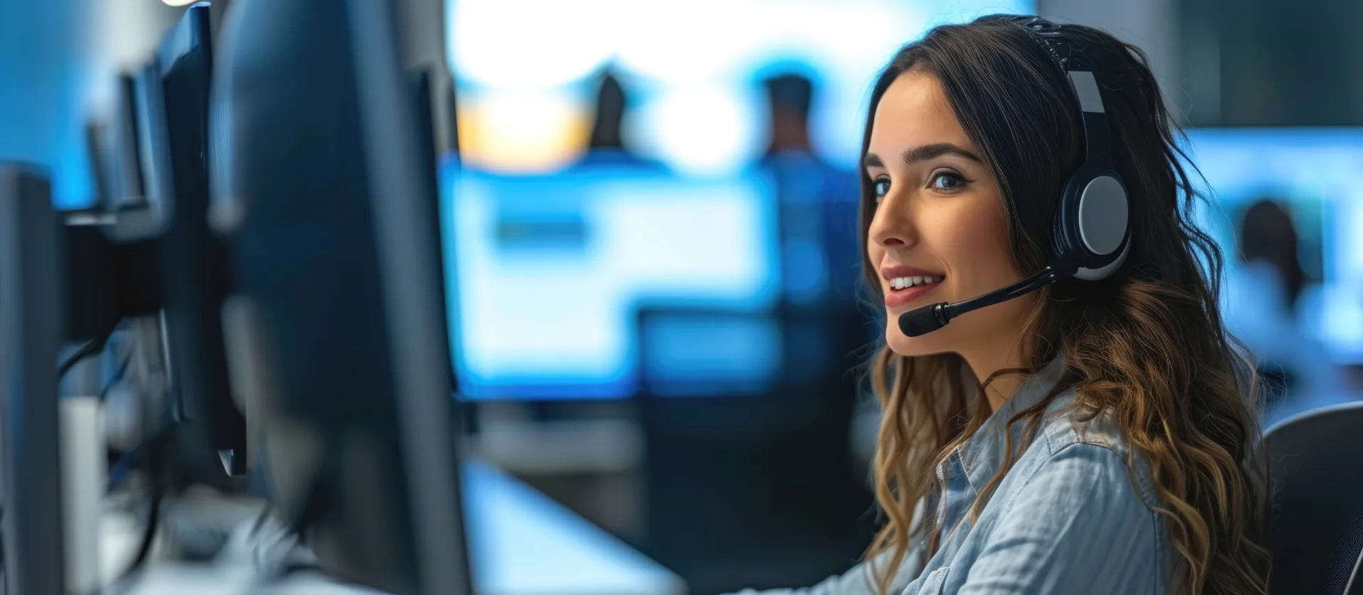 Female security operations center analyst wearing a headset smiles while monitoring multiple screens in a blue-lit control