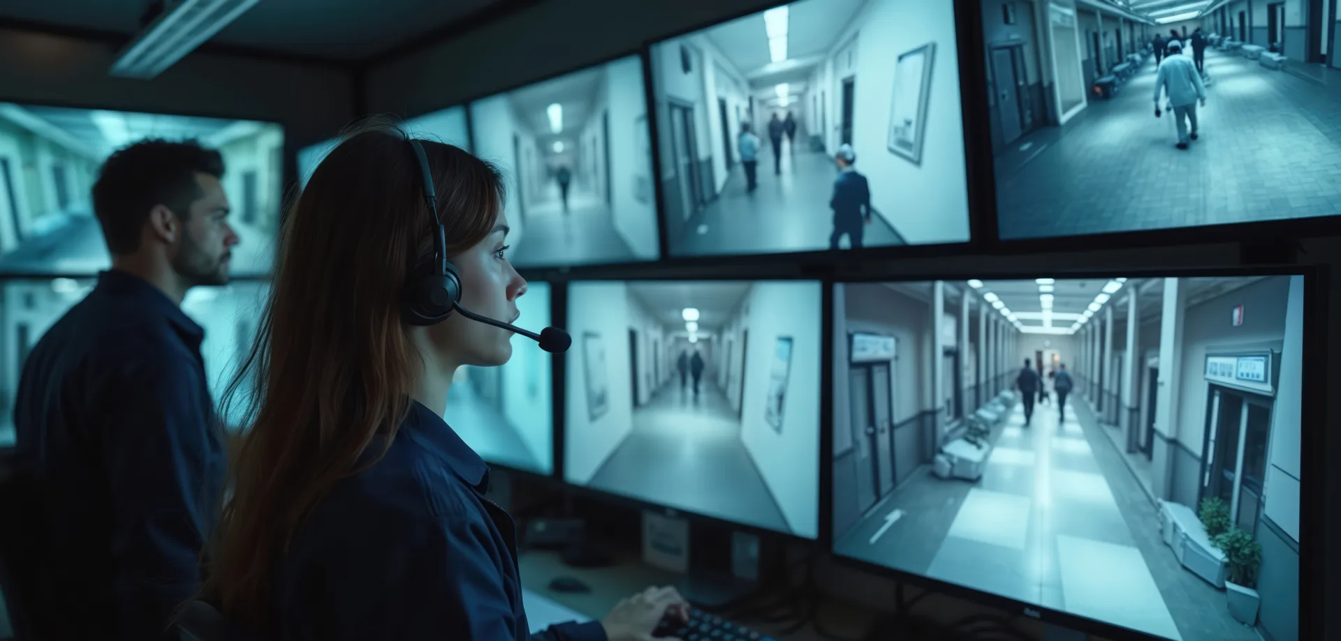 Two security personnel monitor multiple CCTV feeds of building corridors in a dimly lit security operations center.