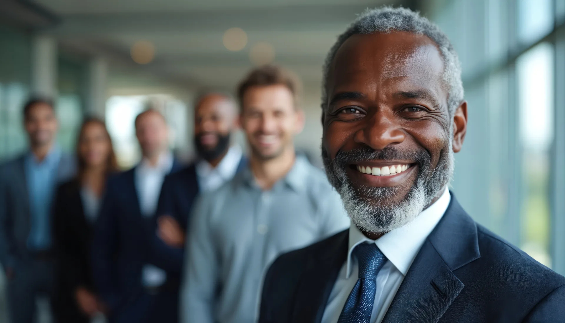 Smiling senior executive in navy suit leads a diverse professional team in a modern office corridor.