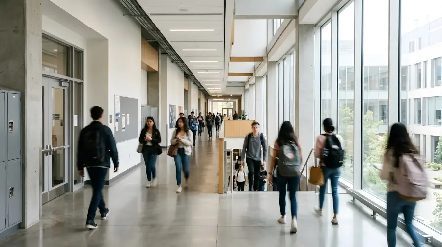 Students carrying backpacks walk through a bright; modern school corridor with floor-to-ceiling windows and polished concrete floors.