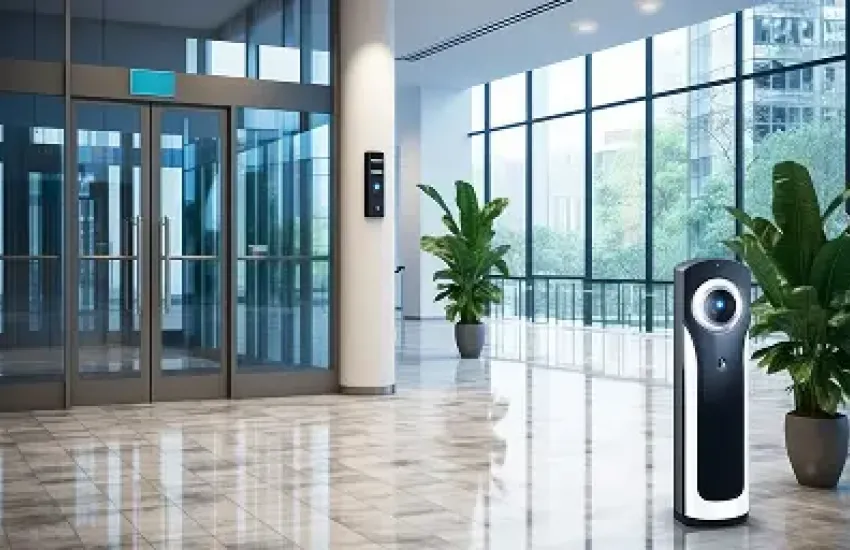 Security robot monitoring the lobby area of a building.