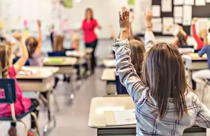 Students in a classroom raising their hands during a lesson.