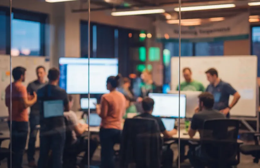 Security professionals collaborating in a high-tech operations room with monitors; whiteboards; and glass partition walls.