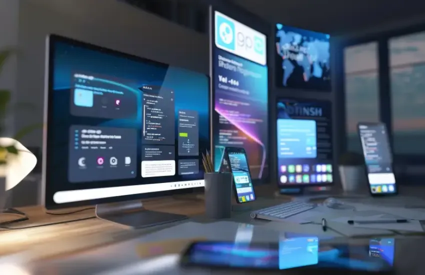 Modern multi-monitor workstation displaying dashboards and data interfaces alongside smartphones; representing digital sec...