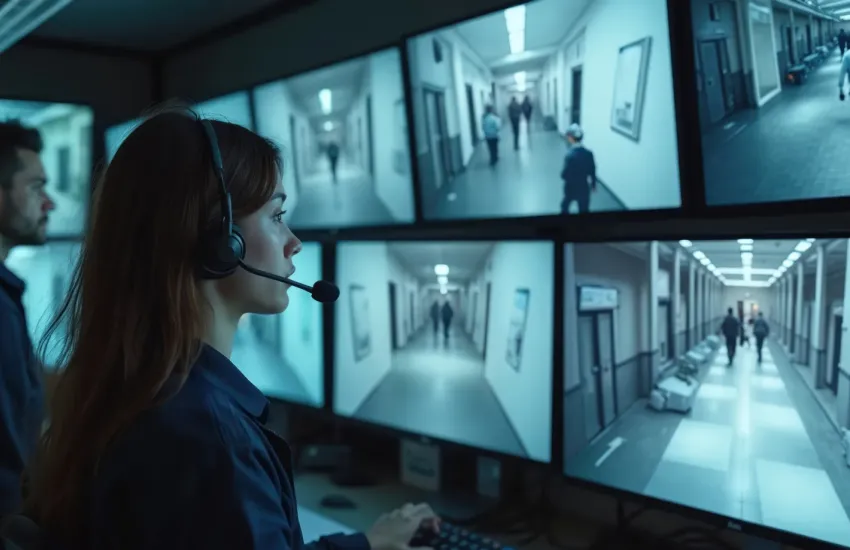 Two security personnel monitor multiple CCTV feeds of building corridors in a dimly lit security operations center.