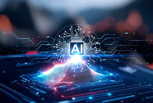 Glowing AI processor chip with circuit board network patterns; representing artificial intelligence in security operations.