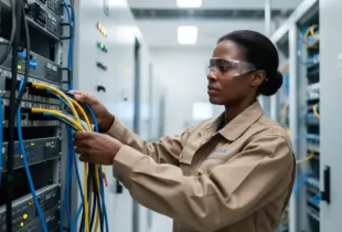 Female engineer in safety glasses and work uniform managing network cables in a secure server room facility.