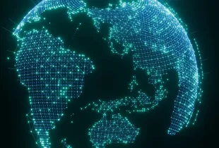Glowing digital globe with interconnected network nodes representing global cybersecurity and information security infrast...