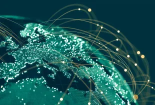 Digital globe showing Europe with glowing network connection arcs representing global data and security communications inf...