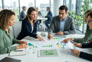 Four professionals reviewing security and energy charts at a conference table in a modern office with city views.