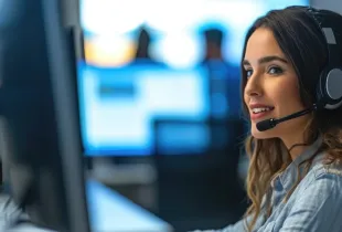 Female security operations center analyst wearing a headset smiles while monitoring multiple screens in a blue-lit control...