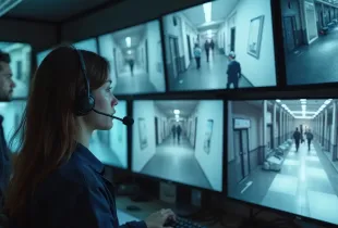 Two security personnel monitor multiple CCTV feeds of building corridors in a dimly lit security operations center.