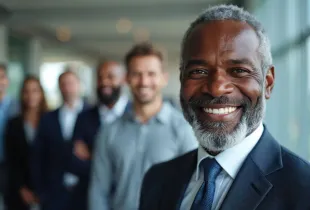 Smiling senior executive in navy suit leads a diverse professional team in a modern office corridor.