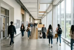 Students carrying backpacks walk through a bright; modern school corridor with floor-to-ceiling windows and polished concrete floors.